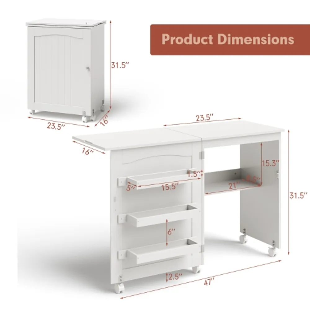 Gymax Folding Sewing Table Shelves Storage Cabinet Craft Cart W/Wheels Large  Natural