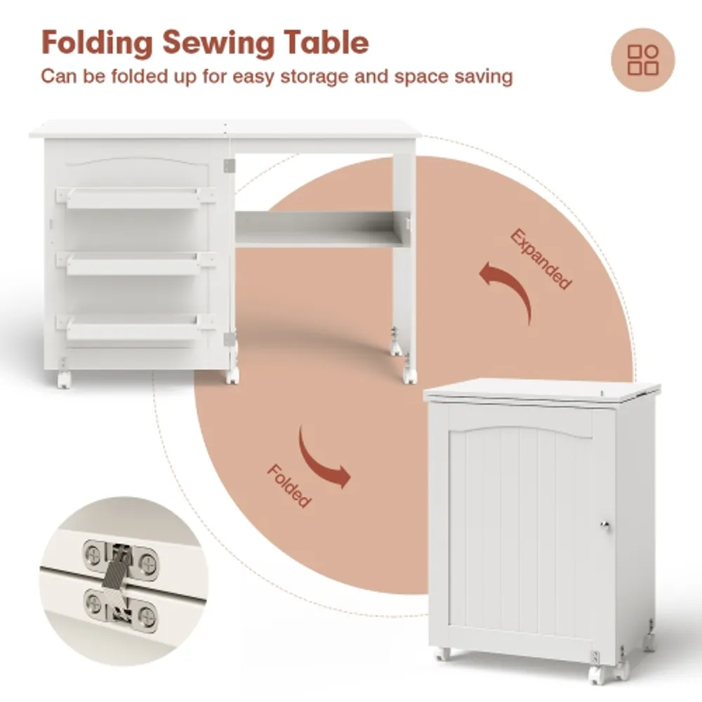 Folding Sewing Table Shelves Storage Cabinet Craft Cart W/Wheels Large White