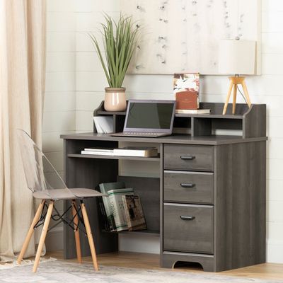 grey writing desk with hutch