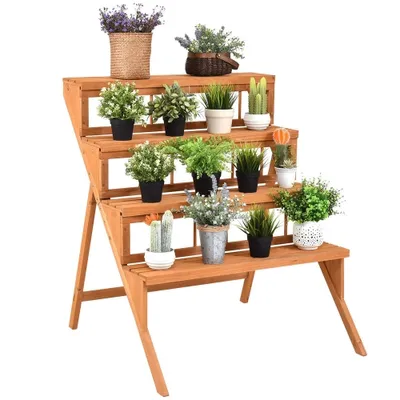 Costway 4 Tier Wood Plant Stand Flower Pot Display Shelves Rack Stand Ladder Step