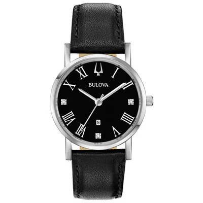 Bulova American Clipper Quartz Watch 32mm Women's Watch - Silver-Tone Case, Black Leather Strap & Black Dial