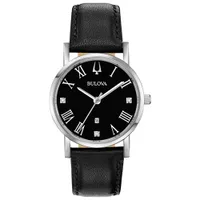 Bulova American Clipper Quartz Watch 32mm Women's Watch - Silver-Tone Case, Black Leather Strap & Black Dial