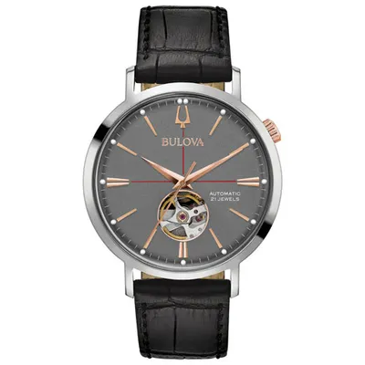 Bulova Aerojet Automatic Watch 41mm Men's Watch - Silver-Tone Case, Black Leather Strap & Grey Dial