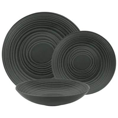 Brilliant Black Grain Stoneware 12-Piece Dinnerware Set - Black