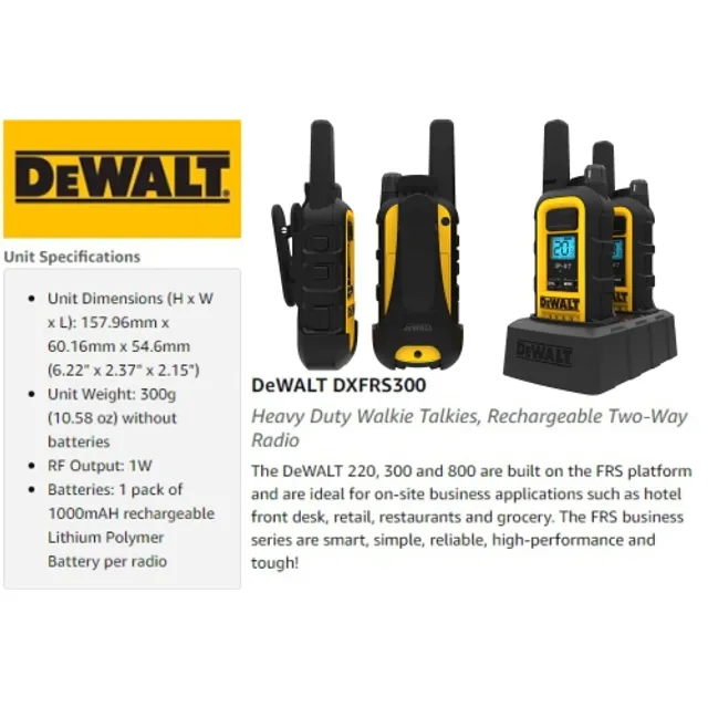 DEWALT DEWALT DXFRS300 Walkie Talkies Watt Heavy Duty Waterproof, Shock  Resistant, Long Range  Rechargeable Two-Way Radio Set with VOX, Pack of  Radios (7084944) Coquitlam Centre