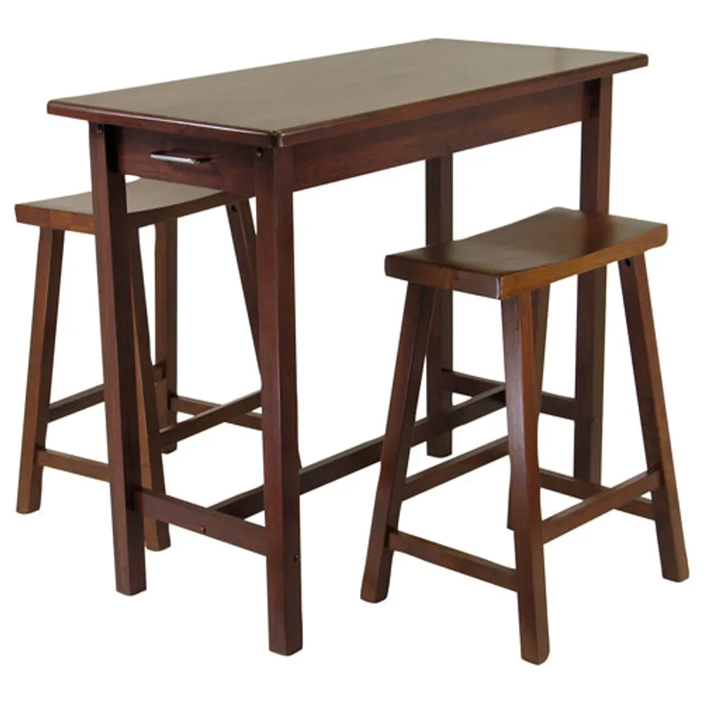 Sally Transitional 3-Piece Breakfast Table with Saddle Seats - Antique Walnut