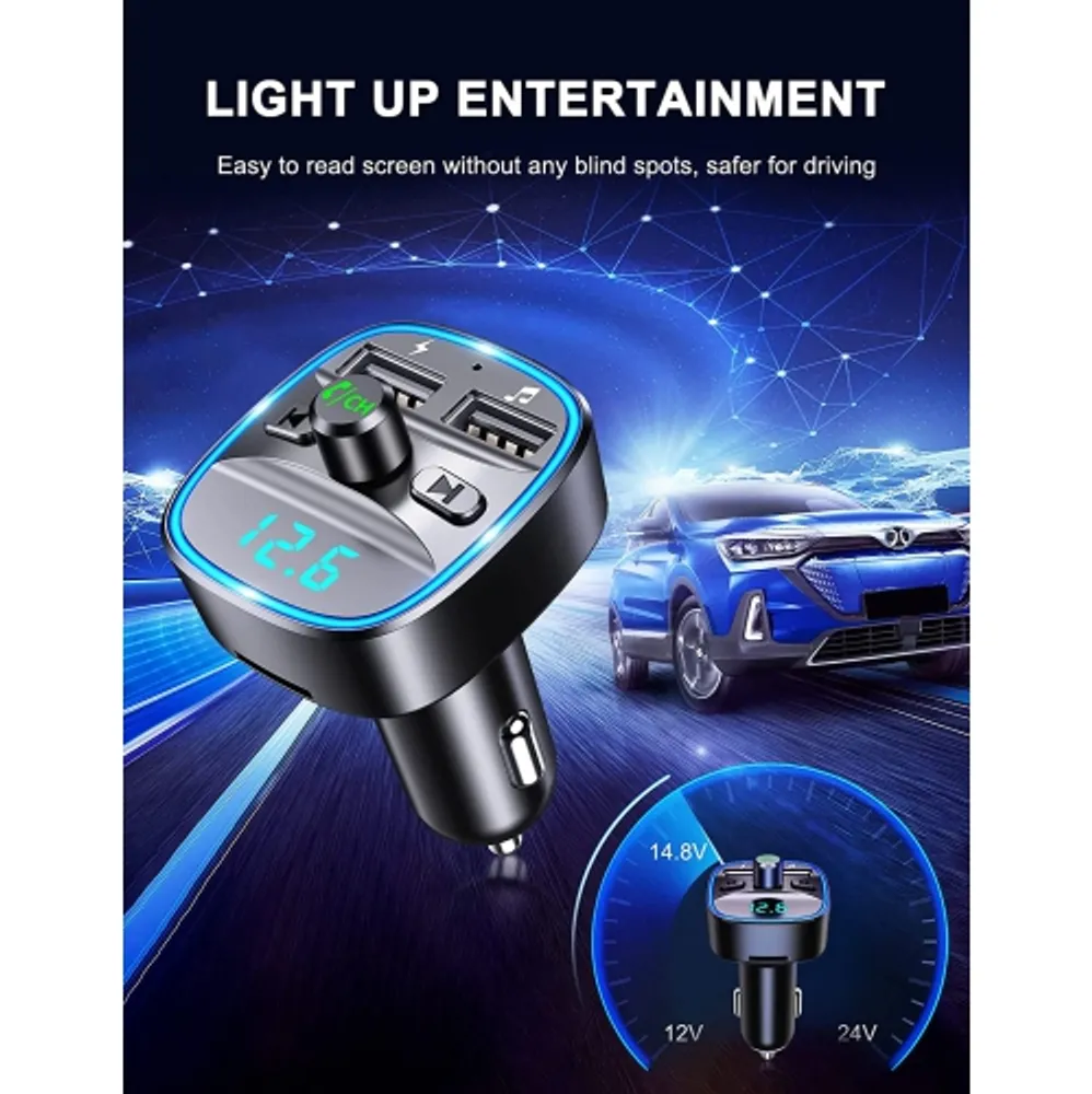 HLD FM Transmitter for Car Bluetooth 5.0, Ambient Light Bluetooth Car Kit,  2.4A & 1A Dual USB Ports Car Charger, Wireless Radio Bluetooth Car Adapter,  Hands Free Calling