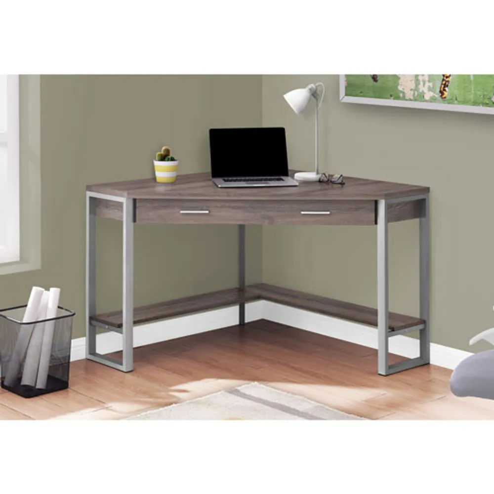 Bureau d'angle contemporain de Monarch pour ordinateur - Taupe foncé/argenté