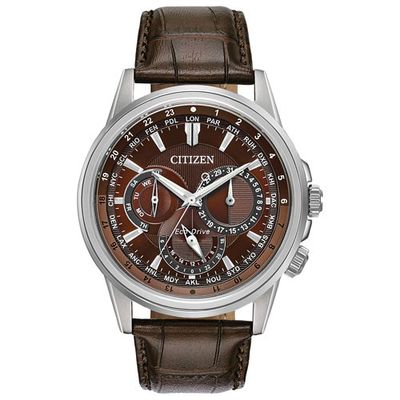 Citizen Calendrier Eco-Drive Watch 44mm Men's Watch - Silver-Tone Case, Brown Leather Strap & Brown Dial