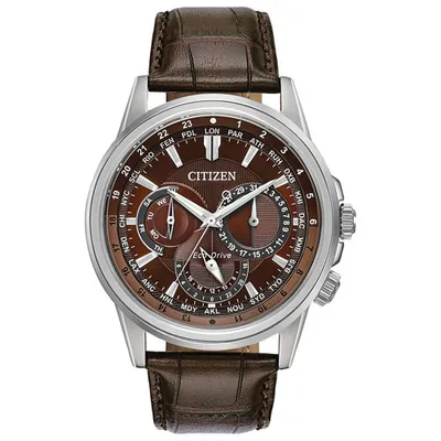 Citizen Calendrier Eco-Drive Watch 44mm Men's Watch - Silver-Tone Case, Brown Leather Strap & Brown Dial