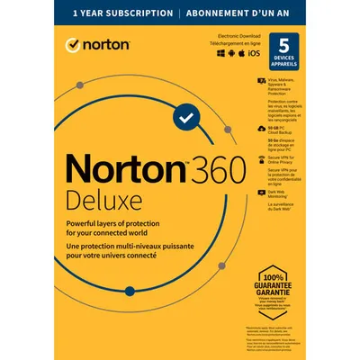 Norton 360 Deluxe (PC/Mac) - 5 Devices - 50GB Cloud Backup
