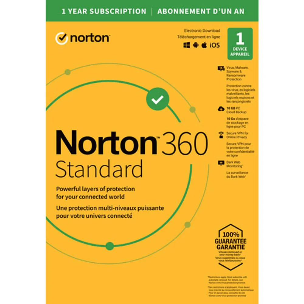 Norton 360 Standard (PC/Mac) - 1 Device - 10GB Cloud Backup - 1-Year Subscription