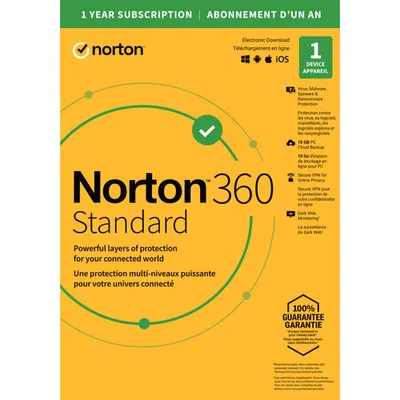 Norton 360 Standard (PC/Mac) - 1 Device - 10GB Cloud Backup - 1-Year Subscription