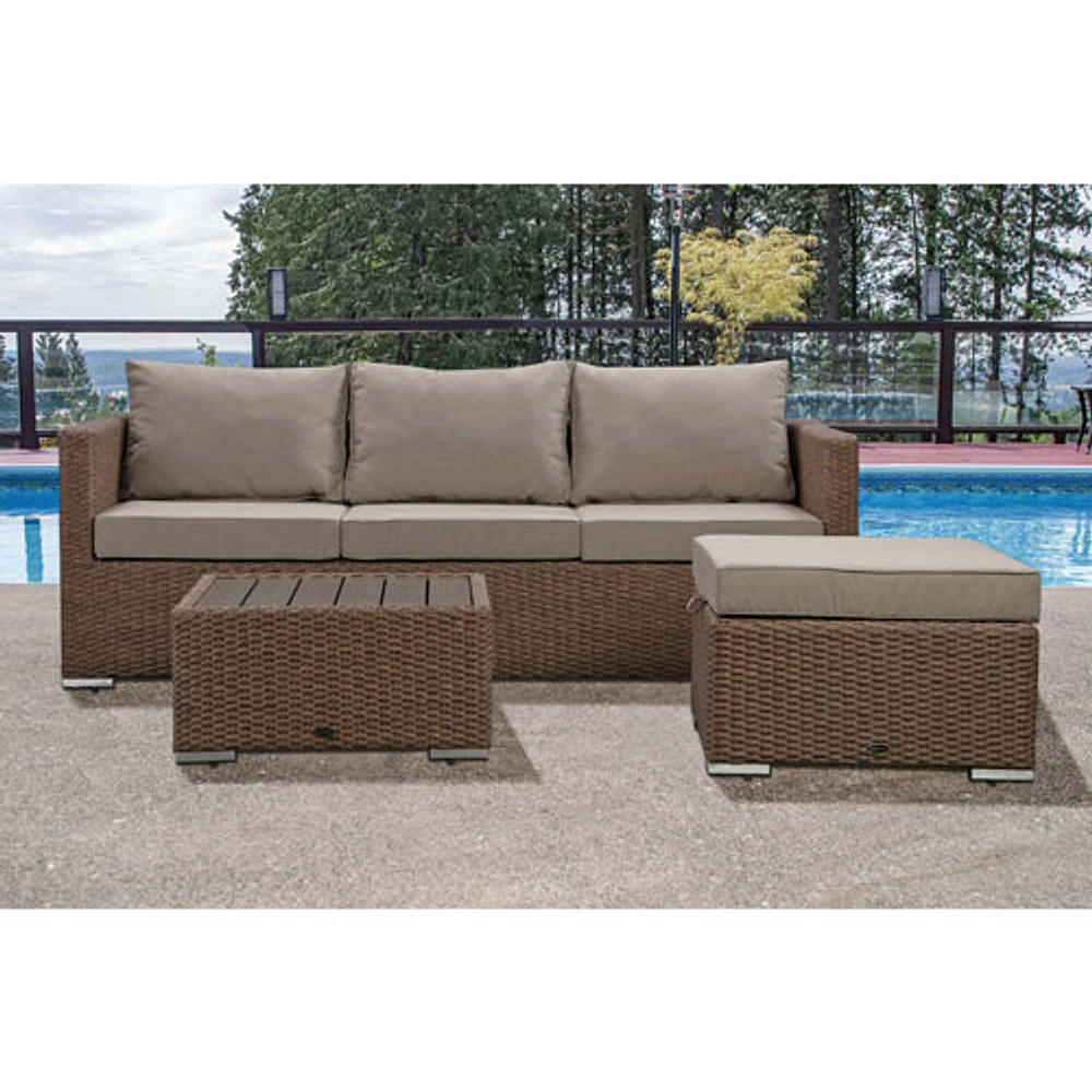 Deckster 3-Piece Patio Conversation Set - Brown Wicker/Taupe Cushions