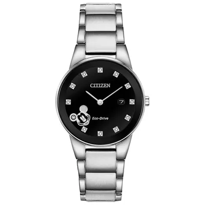 Disney Mickey Mouse Eco-Drive Watch 29.5mm Women's Watch - Silver-Tone Case, Bracelet & Black Dial
