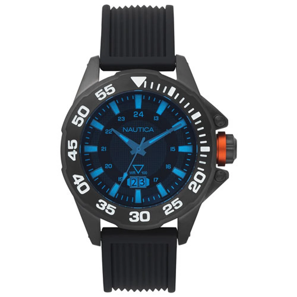 Montre décontractée de 44 mm pour hommes avec bracelet en silicone Westview de Nautica - Noir/Bleu