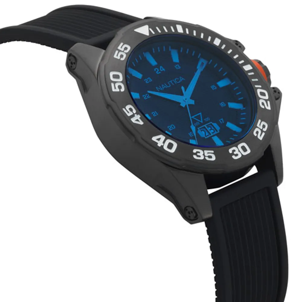 Montre décontractée de 44 mm pour hommes avec bracelet en silicone Westview de Nautica - Noir/Bleu