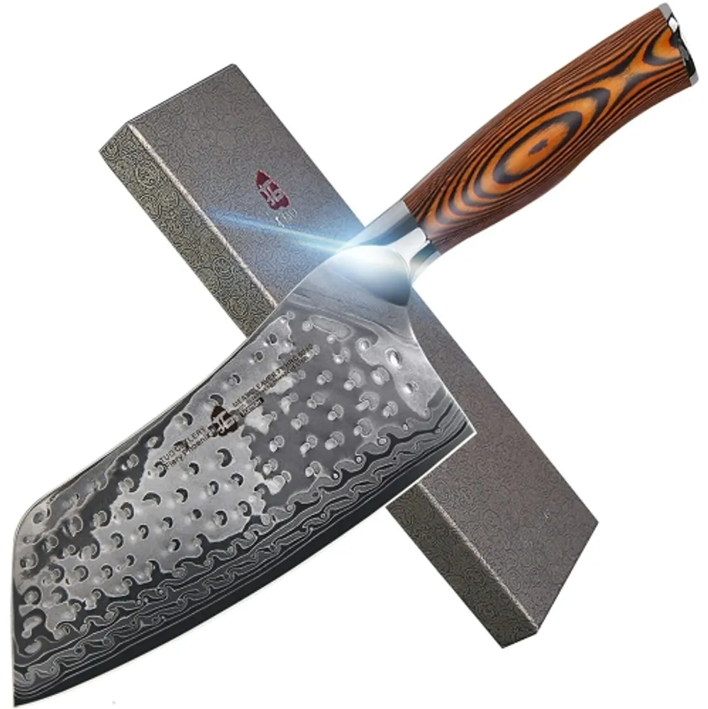 HexClad Damascus Steel 6.5 inch Nakiri Knife, Ergonomic Full Tang Handle, Silver