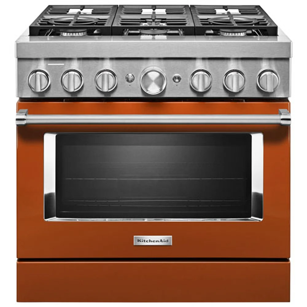 Cuisinière biénergie 6 brûleurs conv. véritable 5,1 pi³ 36 po KitchenAid (KFDC506JSC) - Orange brûlé