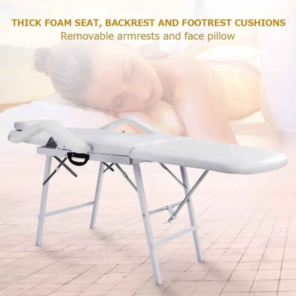 White 3-Section Aluminum 84 L Portable Massage Table Facial SPA Bed Tattoo  w/Bolster Pillow