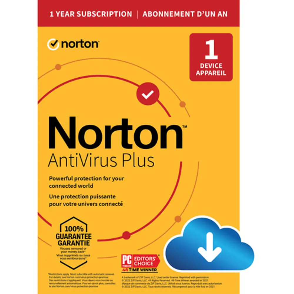 Norton AntiVirus Plus (PC/Mac) - 1 appareil - Sauvegarde infonuagique de 2 Go - Abonnement de 1 an - Téléchargement numérique