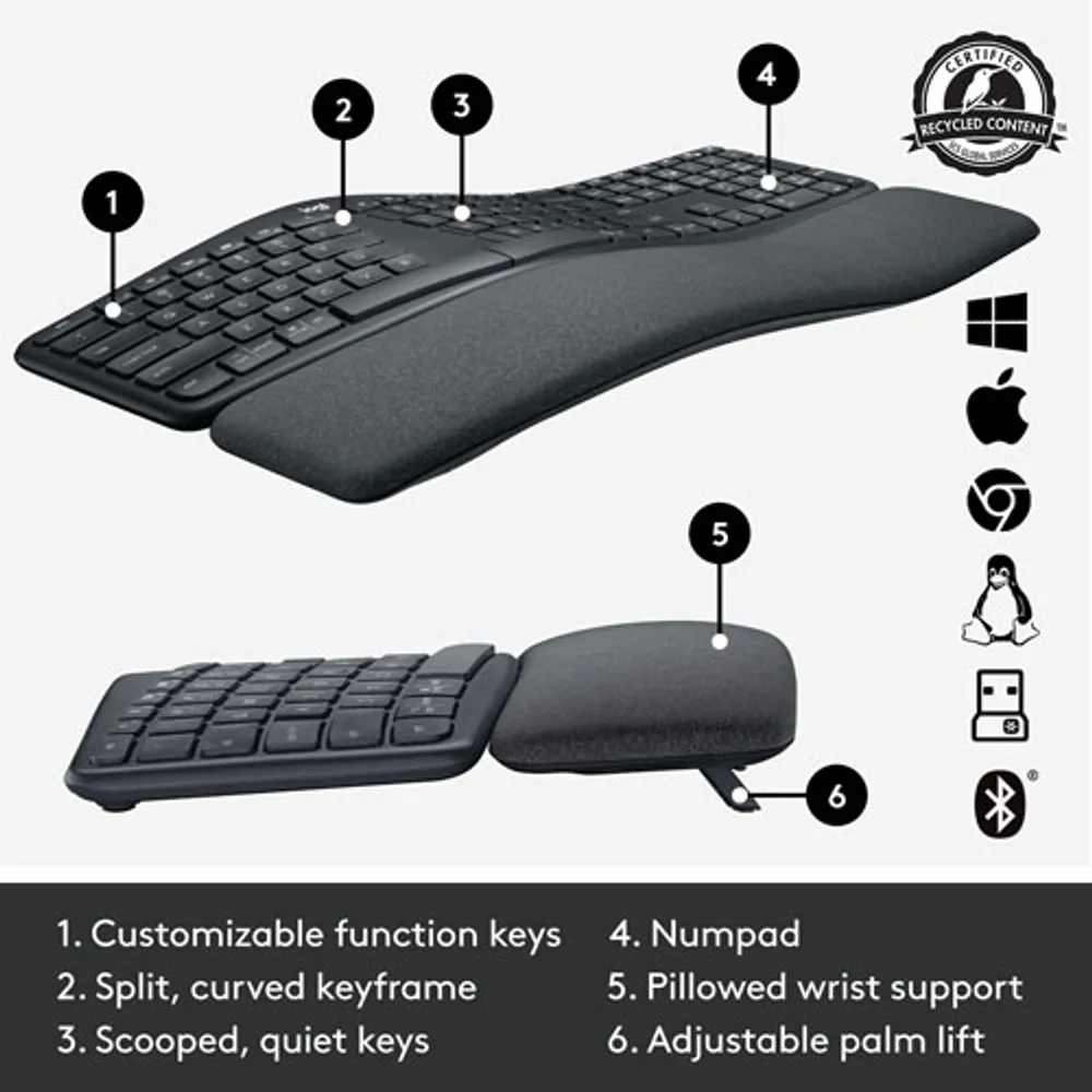 Logitech ERGO K860 Bluetooth Ergonomic Keyboard with Integrated Palm-rest