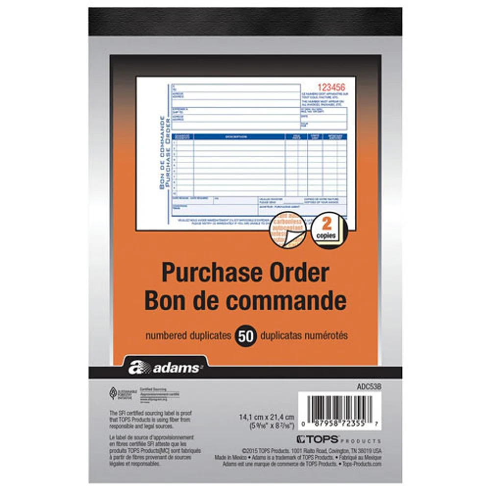 Formulaire de bon de commande Adams - 50 feuilles - 2 parties - Format 8,43 x 5,56 po