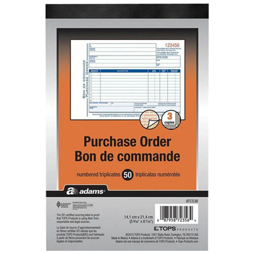 Livret de bons de commande d'Adams - 50 feuilles