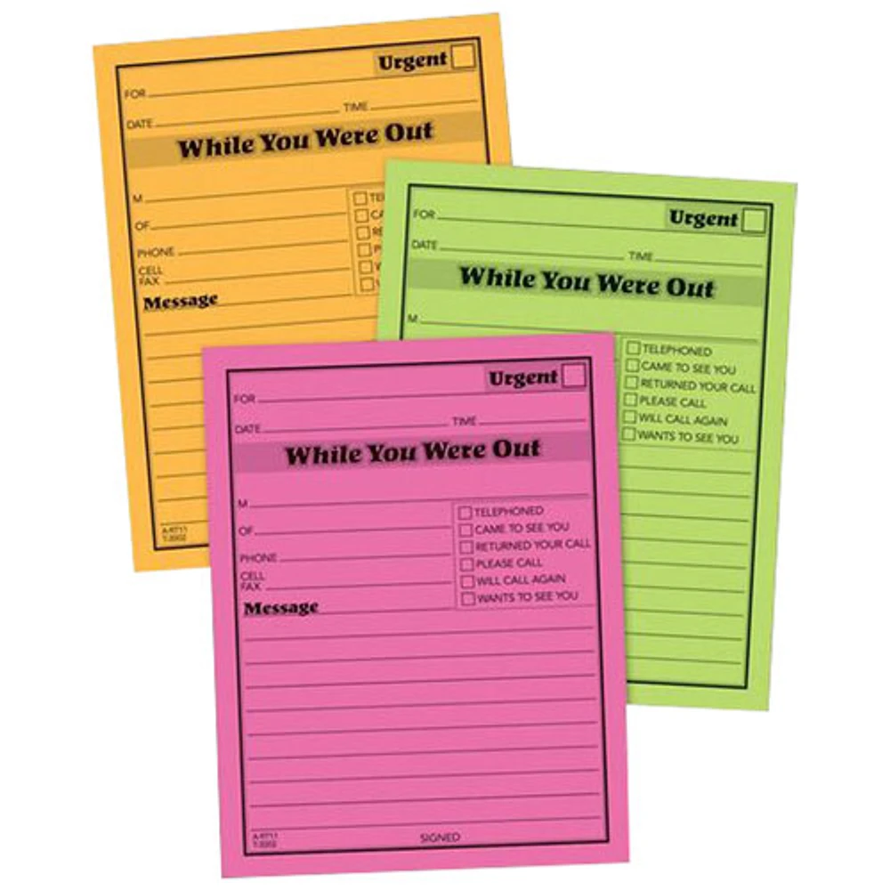 Bloc-notes While You Were Out d'Adams Neon - 50 feuilles - Paquet de 6