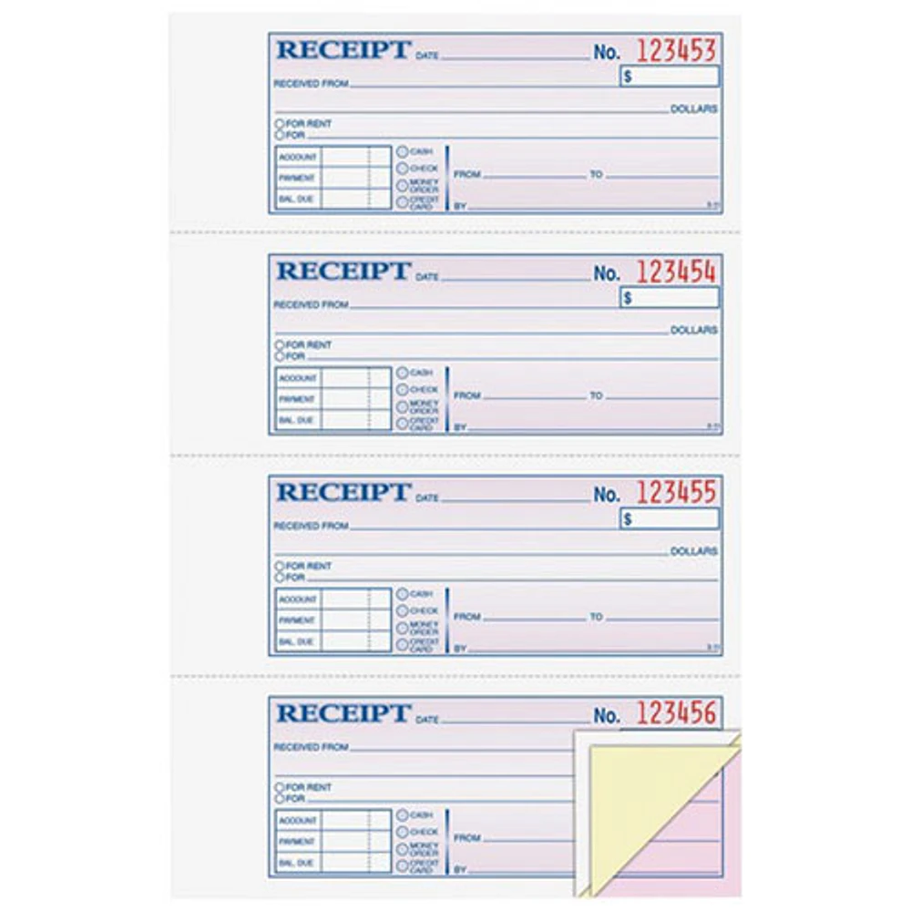 Carnet de quittance en 3 parties à reliure à bande de 2,75 x 7,62 po d'Adams - 100 feuilles