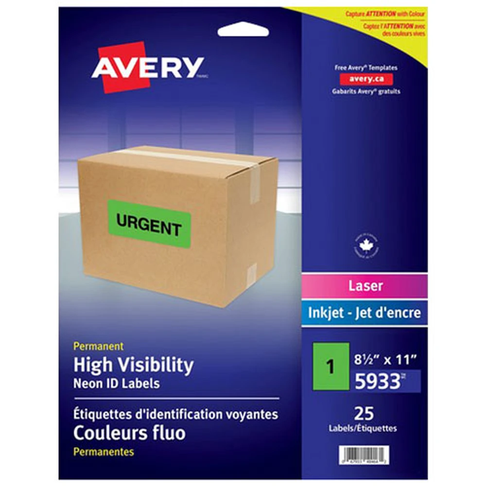 Étiquettes haute visibilité 8 1/2 x 11 po d'Avery (05933) - Paquet de 25 - Vert fluorescent