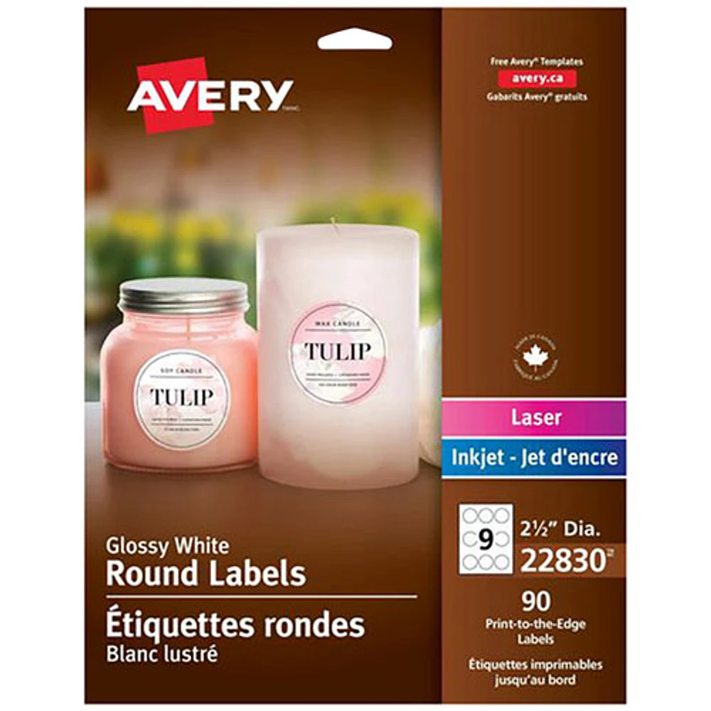 Étiquettes rondes blanches brillantes d'Avery (22830) - Paquet de 90