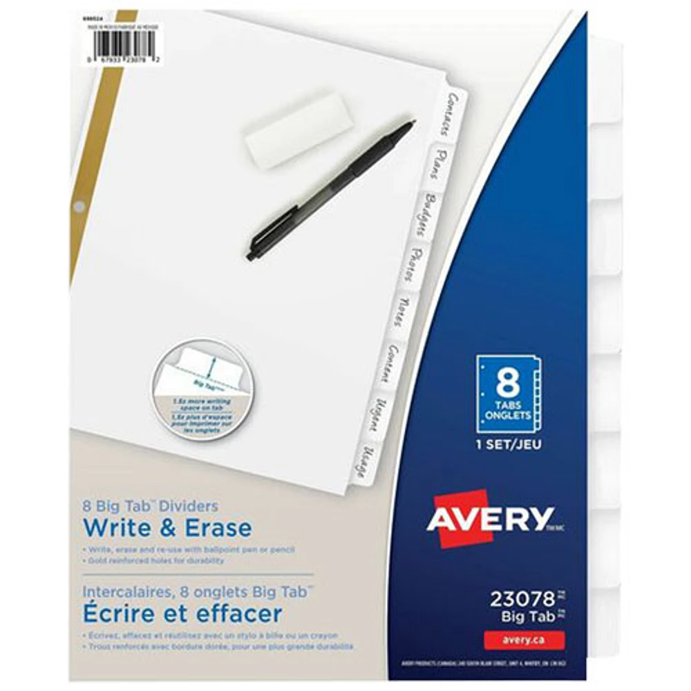 Intercalaires marquables et effaçables Big Tab d'Avery (23078) - 8 intercalaires