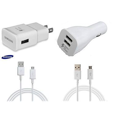 Samsung Galaxy Adaptive Fast Charging USB Wall Charger + Adaptive Fast DUAL-USB Car Charger + 2x micro USB Cable - White