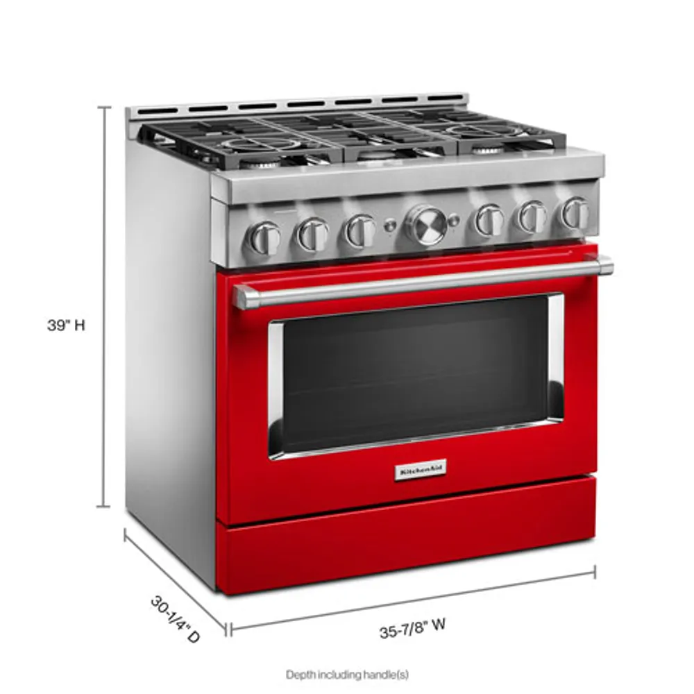 Cuisinière gaz autonome four autonett. conv. vérit. 6 brûleurs 36 po KitchenAid (KFGC506JPA) - Rouge