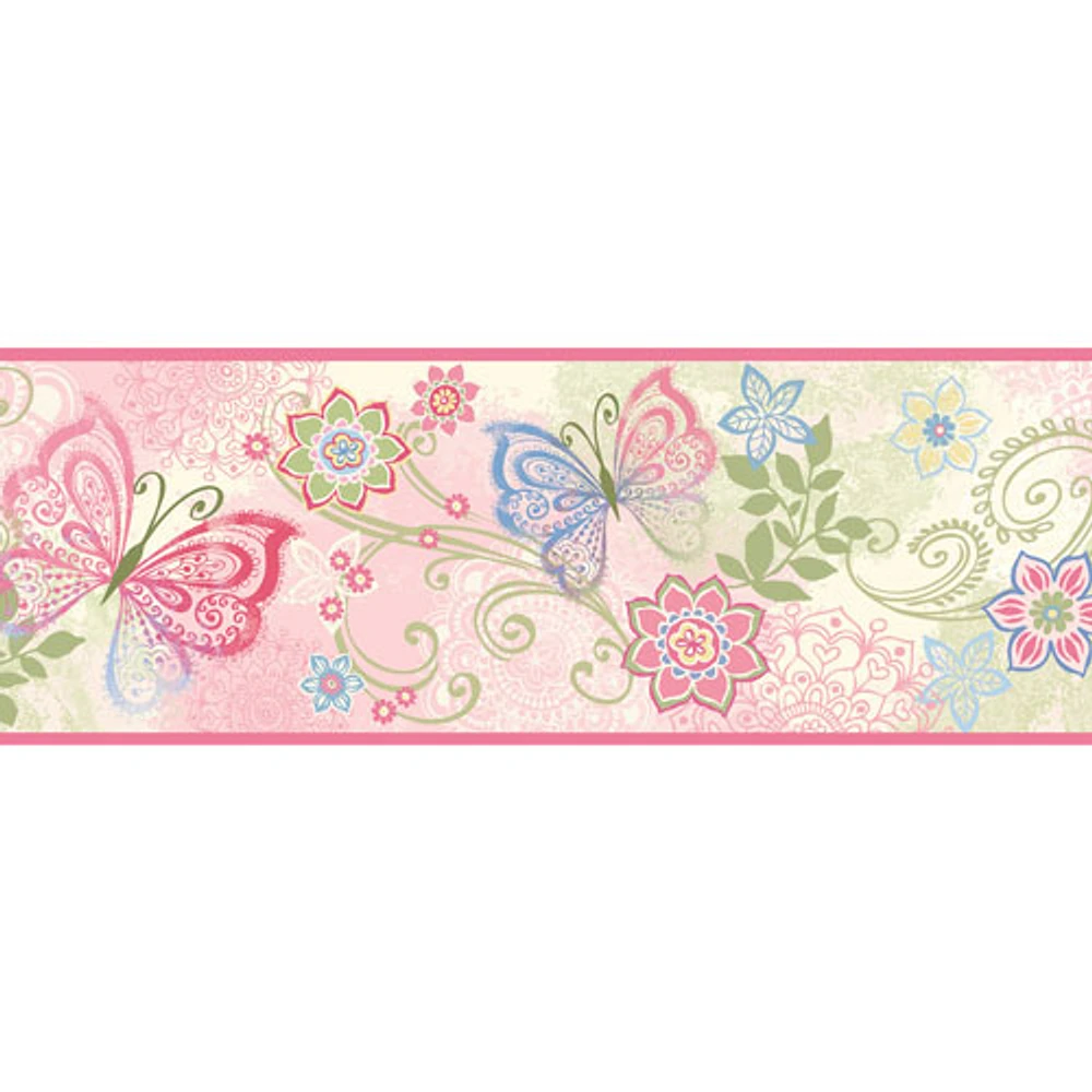 Chesapeake Flowers Wallpaper Border - Fantasia Pink Boho Butterflies