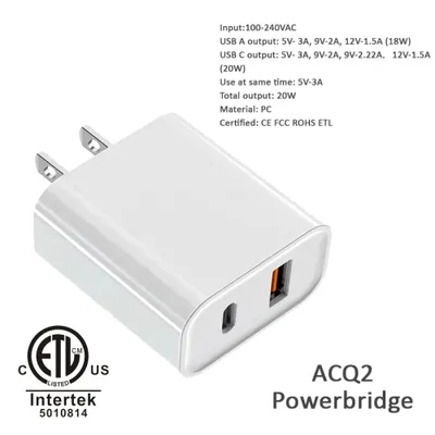QC3.0 Wall Charger -USB-C USB-A Two ports output 20W White