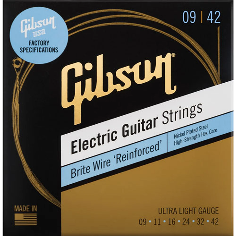 Cordes de guitare électrique calibre très fin 0,009-0,042 renforcées Brite Wire de Gibson (SEG-BWR9)