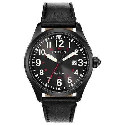 Citizen Garrison Eco-Drive Watch 42mm Men's Watch - Black Case, Black Leather Strap & Black Dial