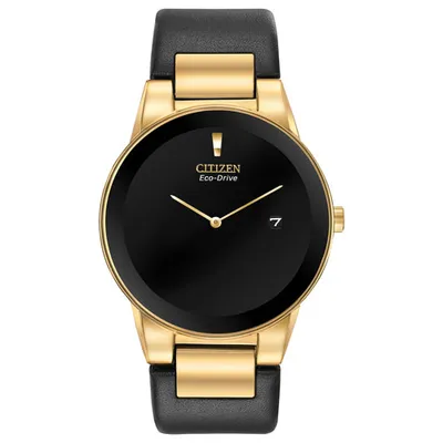 Citizen Axiom Eco-Drive Watch 40mm Men's Watch - Gold-Tone Case, Black Leather Strap & Black Dial