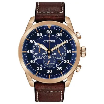 Citizen Avion Eco-Drive Watch 45mm Men's Watch - Rose Gold-Tone Case, Brown Leather Strap & Blue Dial