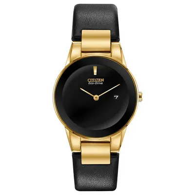 Citizen Axiom Eco-Drive Watch 30mm Women's Watch - Gold-Tone Case, Black Leather Strap & Black Dial