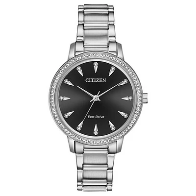 Citizen Silhouette Crystal 36mm Women's Solar Powered Dress Watch w/ Swarovski Crystals - Silver/Black