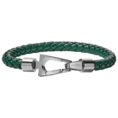 Bulova Braided Bracelet in Cool Green Leather/Stainless Steel - Large
