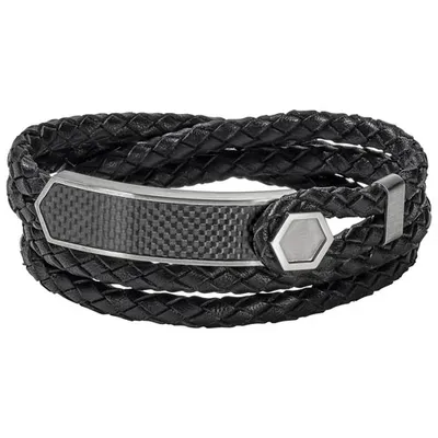 Bulova Double-Wrap Plaque Bracelet in Leather/Stainless Steel