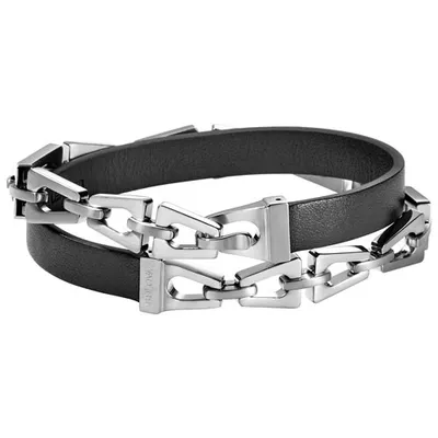Bulova Double-Wrap Chain Bracelet in Black Leather/Stainless Steel - Large