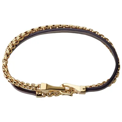 Bulova Double-Wrap Chain Bracelet in Brown Leather/Gold Stainless Steel - Medium