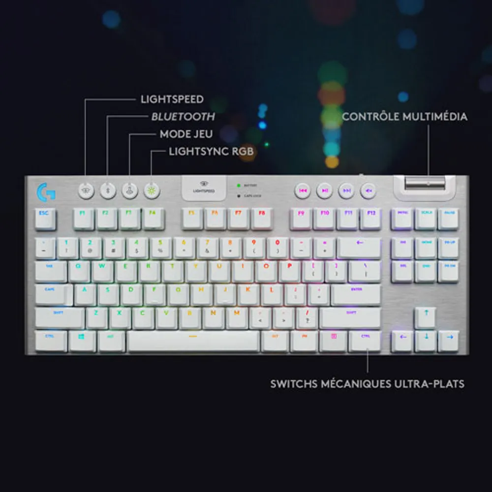 Clavier mécanique rétroéclairé sans fil touches tactiles G915 LIGHTSPEED sans pavé de Logitech - Blanc