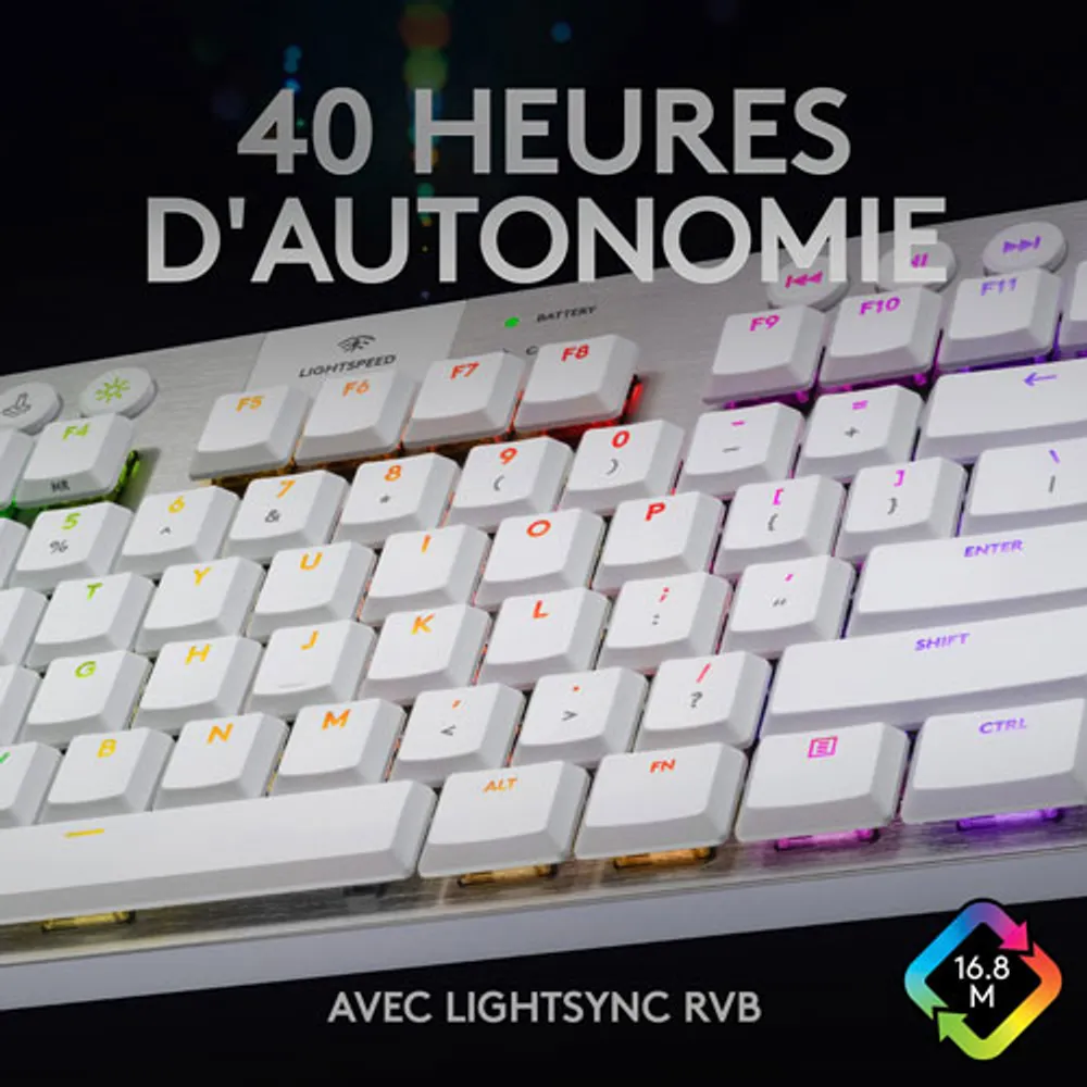 Clavier mécanique rétroéclairé sans fil touches tactiles G915 LIGHTSPEED sans pavé de Logitech - Blanc