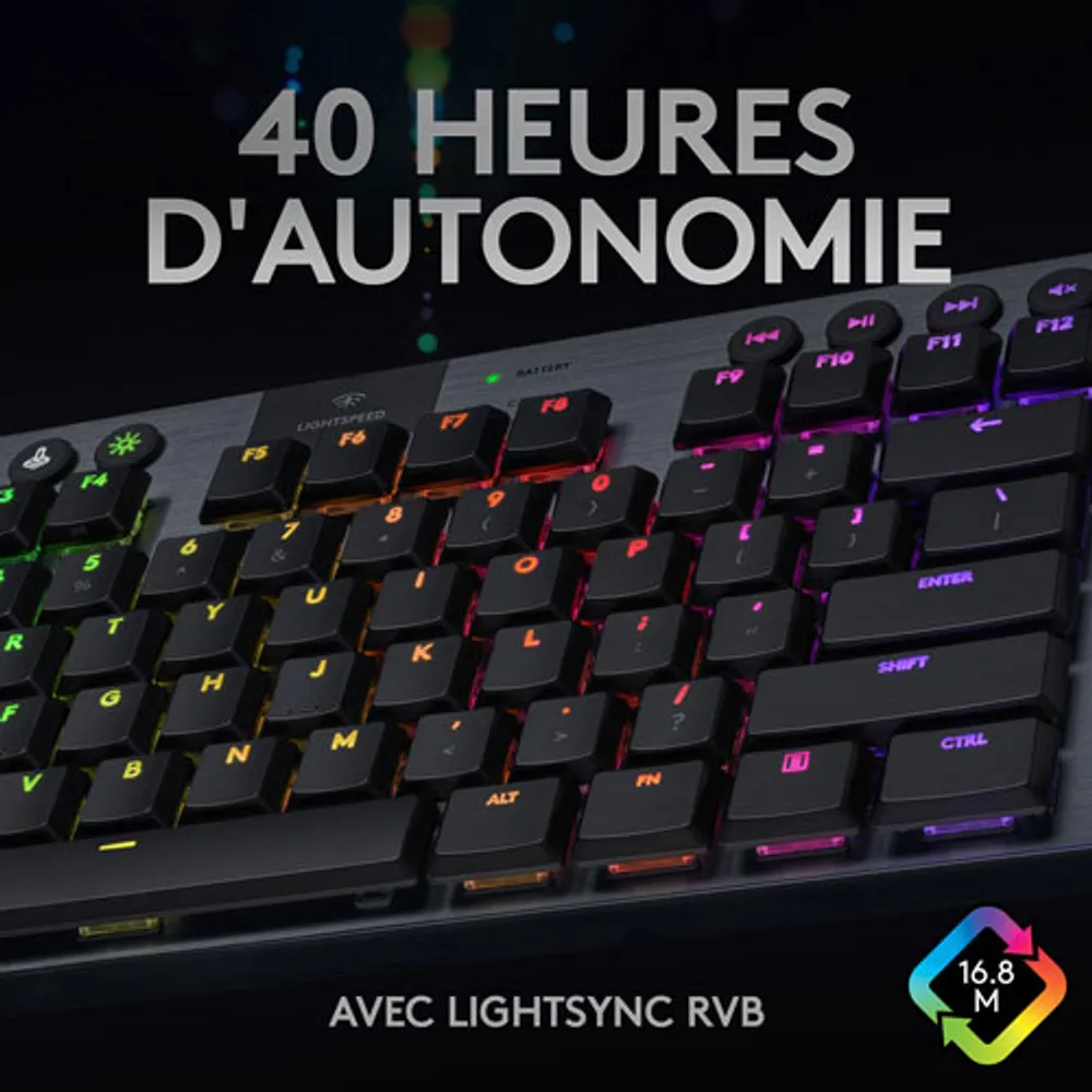 Clavier mécanique rétroéclairé sans fil touches tactiles G915 TKL LIGHTSPEED sans pavé de Logitech - Carbone